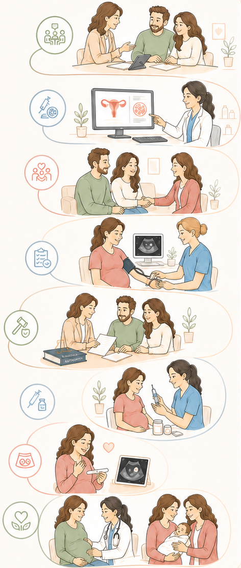 Illustrated overview of the eight surrogacy steps from consultation through delivery.